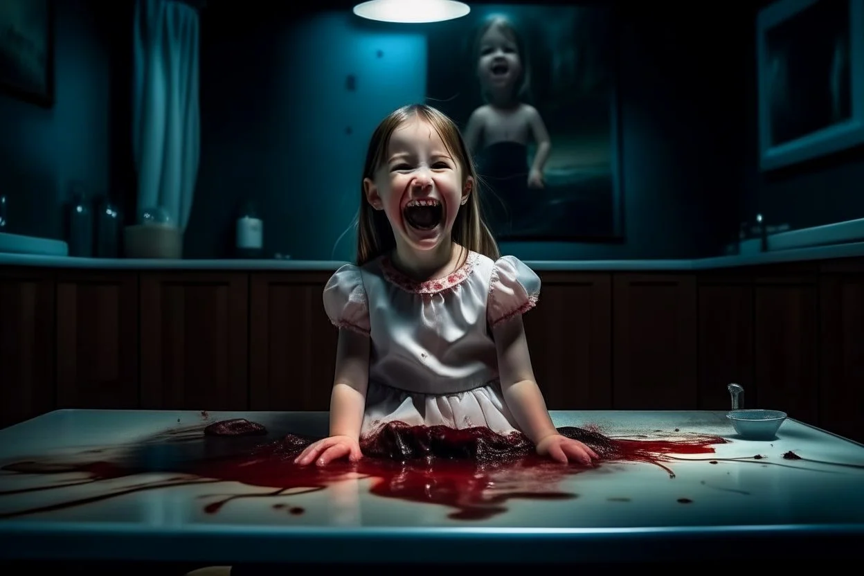 wide hd photo of a little girl, full body, smiling with her mouth open, lying on the table in a medical context at the dentist. blood from her mouth stains her short white dress, room midle underwater, dark tones,