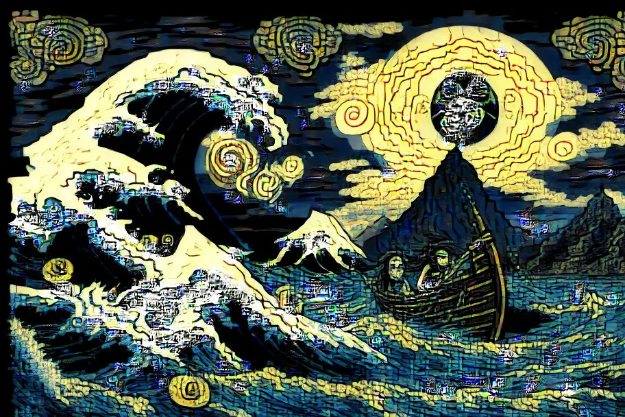 digital painting of the odyssey quest with the mythos cyclops by homer, in the style of hokusai and van gogh