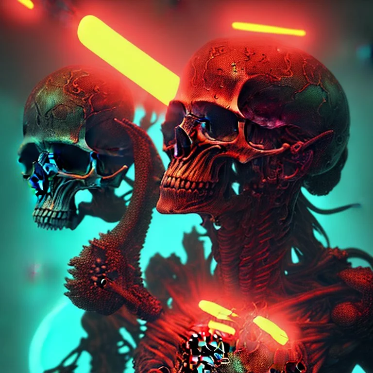 hundreds of non-anatomically correct, dark comic art, graphic novel,human skulls stacked into a wall unusual neon lighting, high velocity, 64k, dystopian, vray,