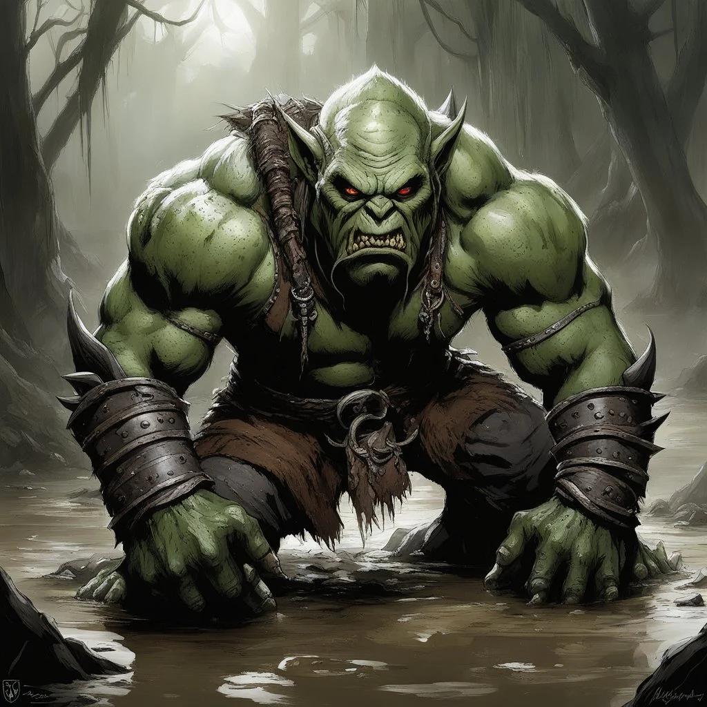 In the murky depths of the mud, a crouching orc lurks, muscles coiled like tightly wound springs, ready to pounce on his prey. His eyes gleam with a feral intensity, scanning the horizon for any sign of movement. The stench of decay hangs heavy in the air, mingling with the acrid scent of blood and sweat. The orc's thick, gnarled fingers dig into the soft earth, his claws leaving deep gouges in the mud. Every sinew of his powerful frame tenses, anticipation thrumming through his veins like a dr