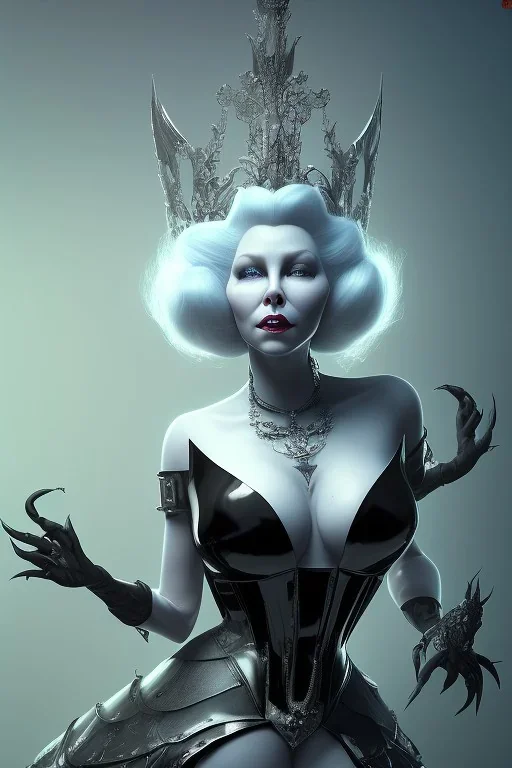 Mae West as evil queen in black leather, leather, busty, cleavage, angry, stern look. character design by cory loftis, fenghua zhong, ryohei hase, ismail inceoglu and ruan jia. unreal engine 5, artistic lighting, highly detailed, photorealistic, fantasy