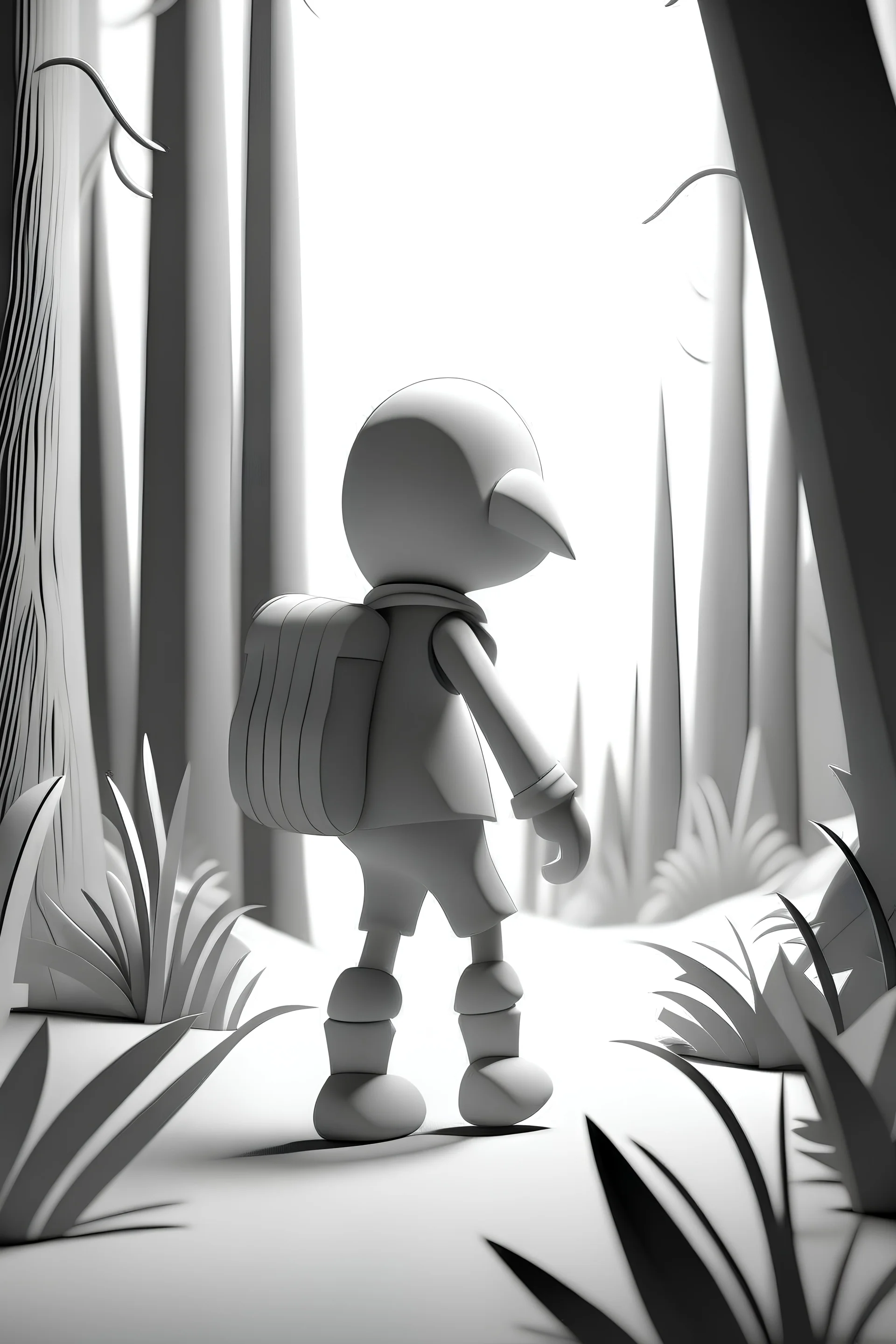 ambient occlusion render of bird character hiking in forest