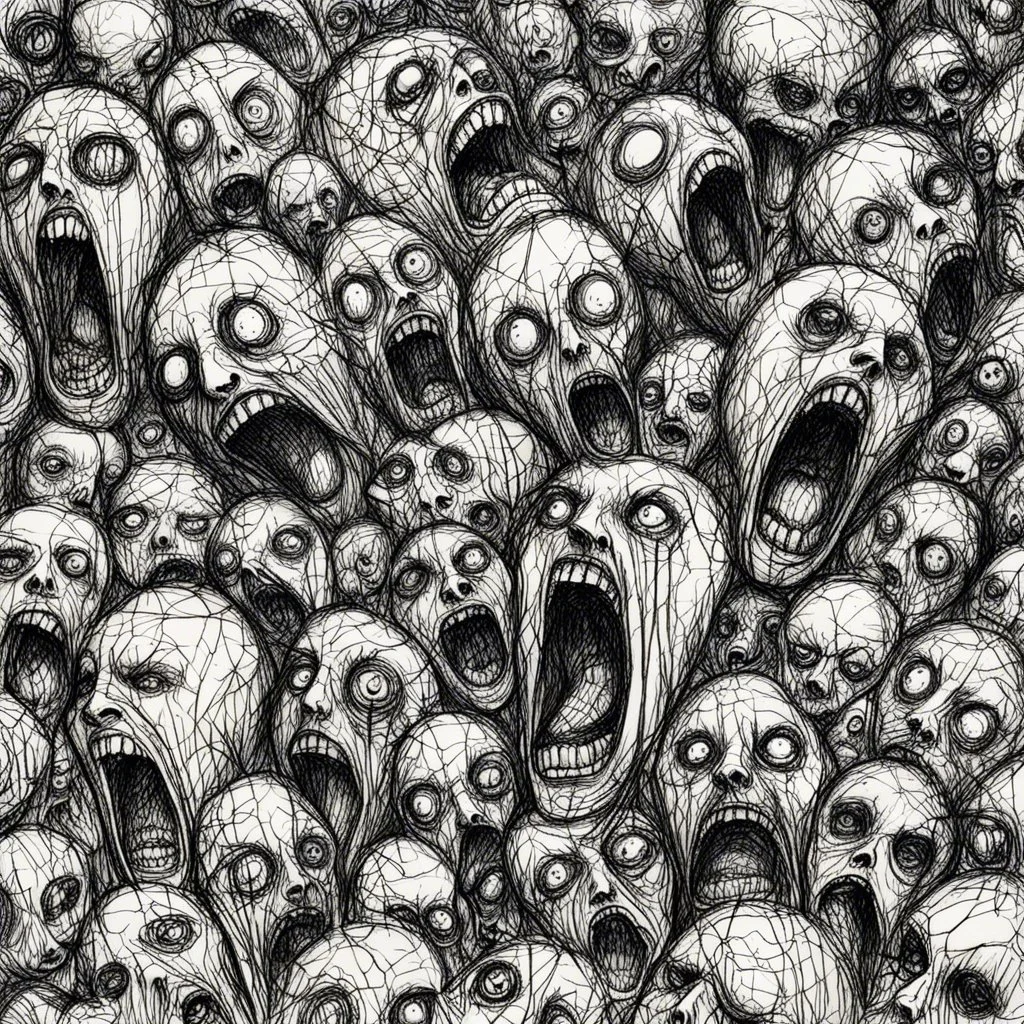 sketch line, rought, of faces on a pages, screaming and sad, demented, mad, journal