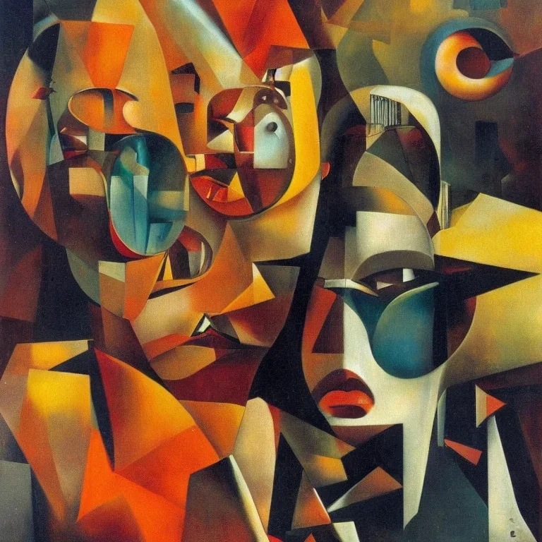 Orphic Synesthesia, faces, Dada, Surrealism, by artist “Raoul Hausmann” by artist “Giorgio de Chirico”, complementary colors, analogous colors, perspective, deep focus, centered, crisp, clear, high resolution