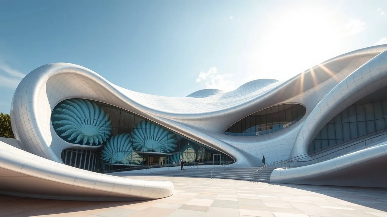 A futuristic building inspired by the fluidity of ocean waves, with undulating, curved walls made of shimmering, semi-transparent materials. The structure boasts large, oval windows that reflect the sunlight like a myriad of seashells. Award-winning photograph, beautiful composition, joyful appearance.