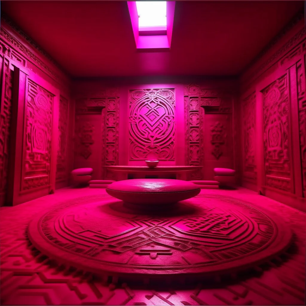 A magenta dream realm with magical runes designed in ancient Egyptian hieroglyphics painted by Frank Lloyd Wright