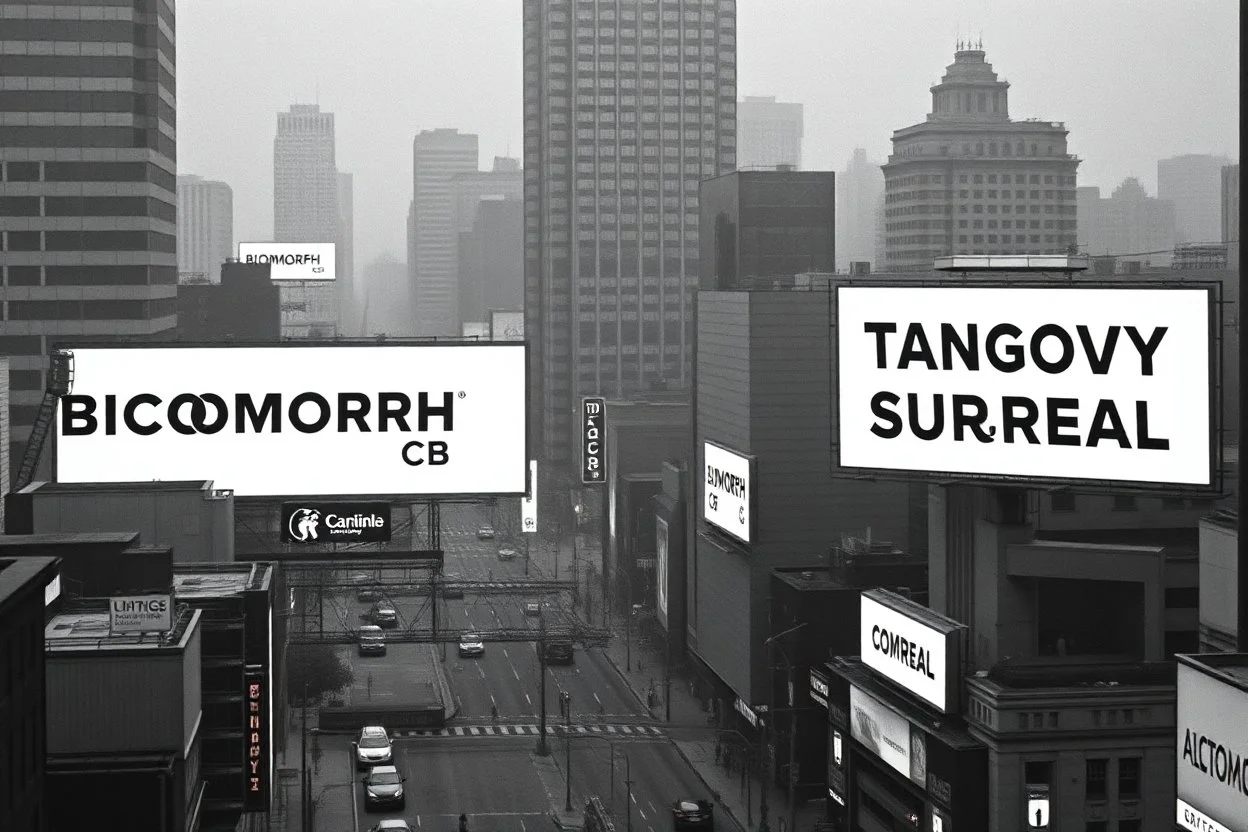 greyscale cityscape; many large white billboards populate the city with black block lettering with single word text "BIOMORPH", or "CB", or "SPATCHCOCK", or "TANGUY", or "SURREAL", 'They Live' movie by John Carpenter movie still, modern movie city panoramic, concept art