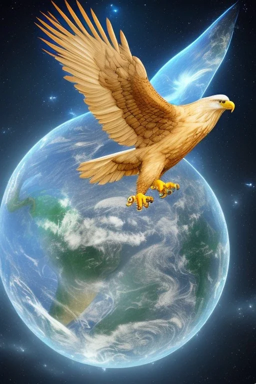 Eagle is flying in the space and is holding the earth in his claws.