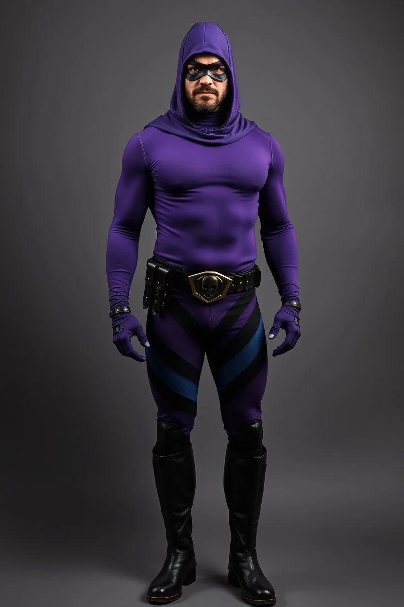full-length, A portrait of a the Phantom, a man with piercing blue eyes, a chiseled jaw, goatee, timeless face, stern expression, Wearing a tight fitting purple cotton hero suit with a cowl that fits tight to his head, but does not cover his face, he wears a thin, black leather, bandit eye disguise over his eyes, black and blue diagonally striped trunks, dual-holstered pistol belt adorned with a triangle skull-shaped buckle with leg straps, Knee-high black leather boots