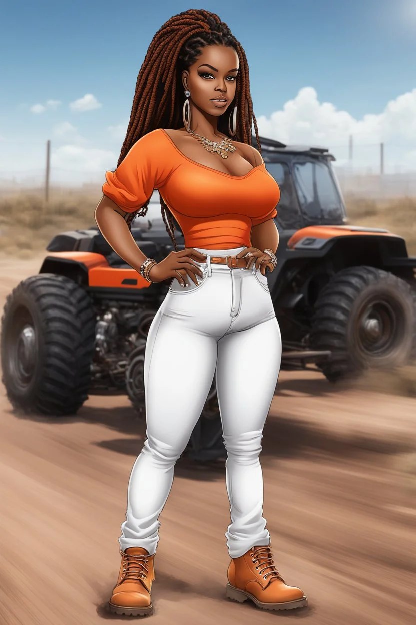 Create a digital airbrush cartoon of a curvy African American female wearing tight white jeans and a off the shoulder orange blouse. She is also wearing timberland boots. Prominent make up with hazel eyes. Highly detailed very long extremely dread locs black hair. Her skin is smooth and silky. Background of a track of ATV riders.