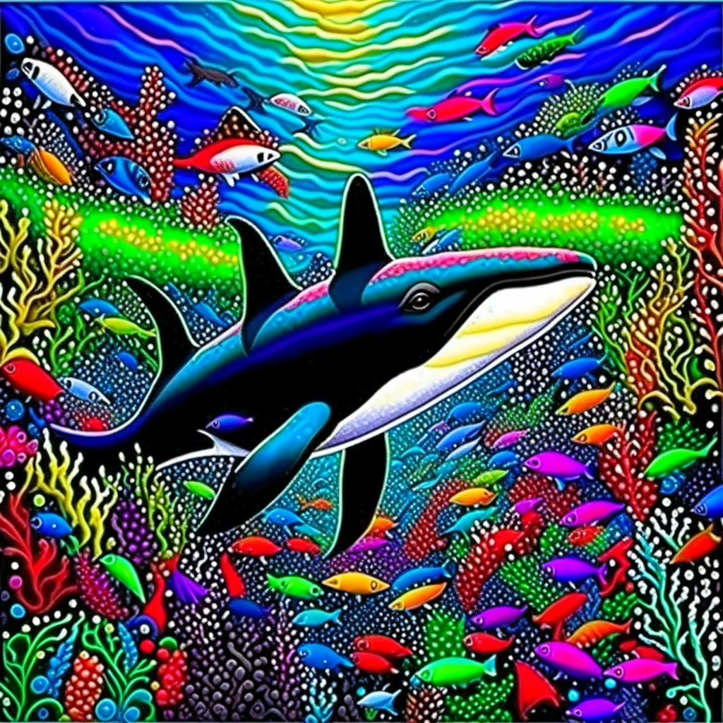 a very detailed orca in the ocean surrounded by a school of little fishes. Realistic, underwater world, enchanting, dangerous, colorful.