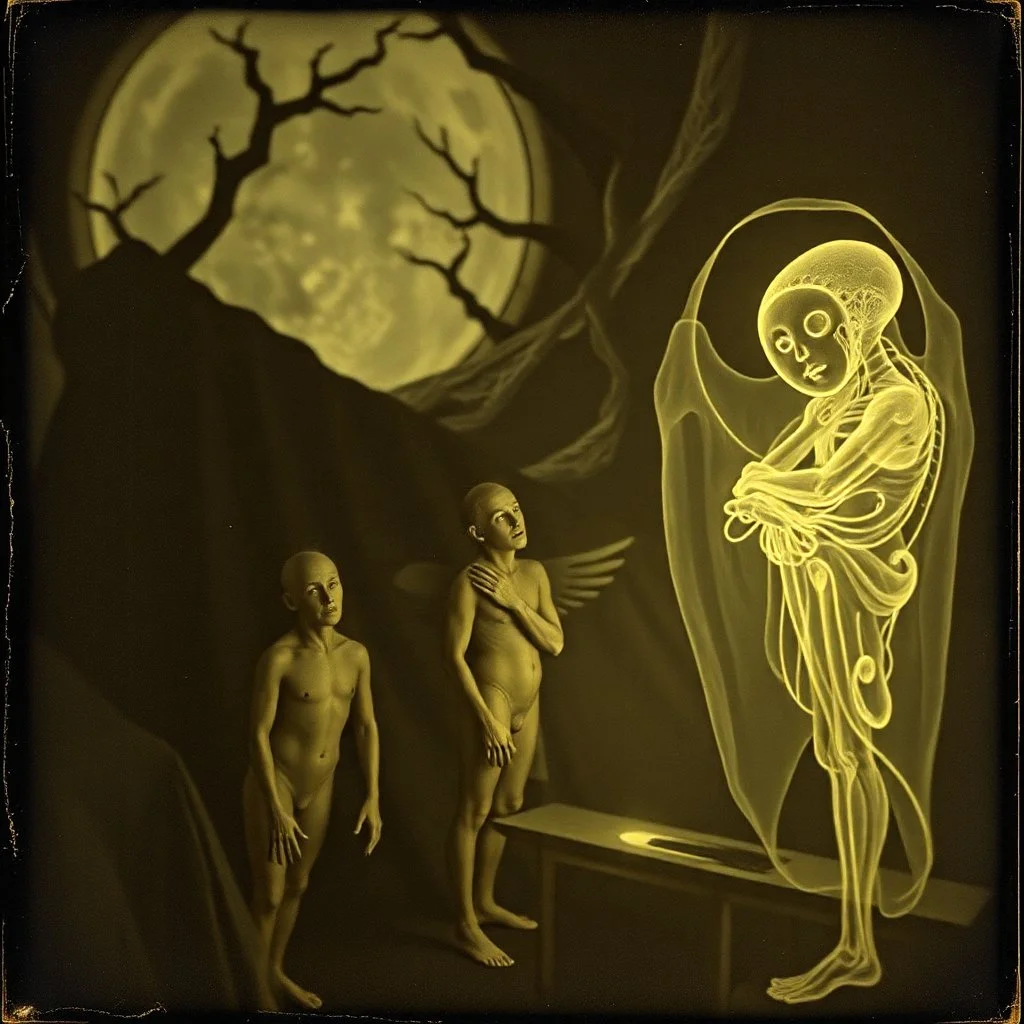 Daguerrotype close up some mysterious figures, odd background, Hieronymus Bosch Max Ernst ambient light, by Minicavio Quollati and Marlost Endgulp, Amano, Botticelli, Alphonse Mucha, distopic