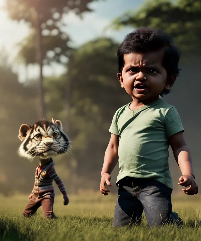 Raj kootrappali toddler, full body, dramatic lighting, angry, hyper realistic,