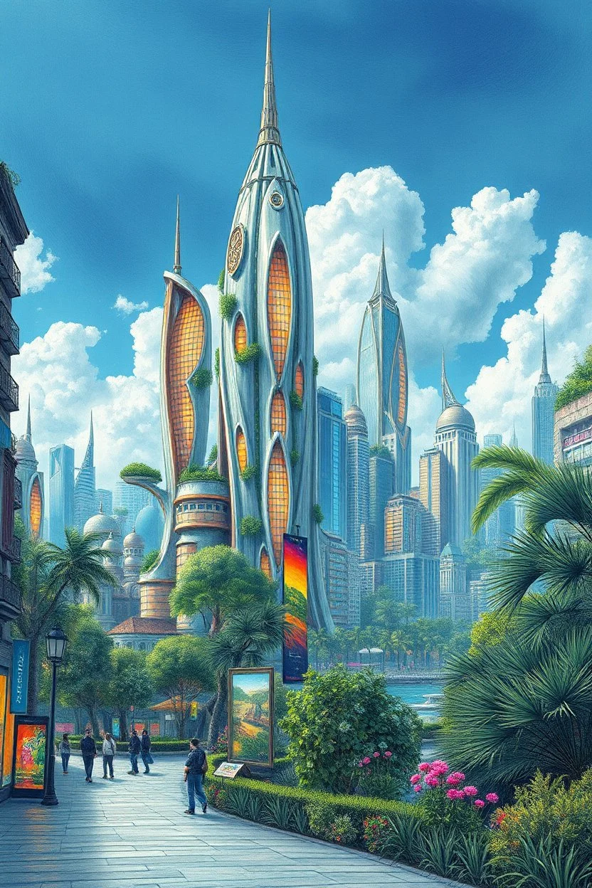 a highly detailed pencil and colour marker digital drawing of beautiful organic futuristic city in harmony with nature, full screen, fine details and contours, intricate, small minutiae, tiny features, particulars, sharp photo lens, acute outlines, digitally enhanced, least ambient occlusion, sidewalk view from the pedestrian perspective, wide angle camera, volumetric lighting, volumetric clouds, uhd, 8k, vitality colors, for book cover, enscape render, by antoni gaudí