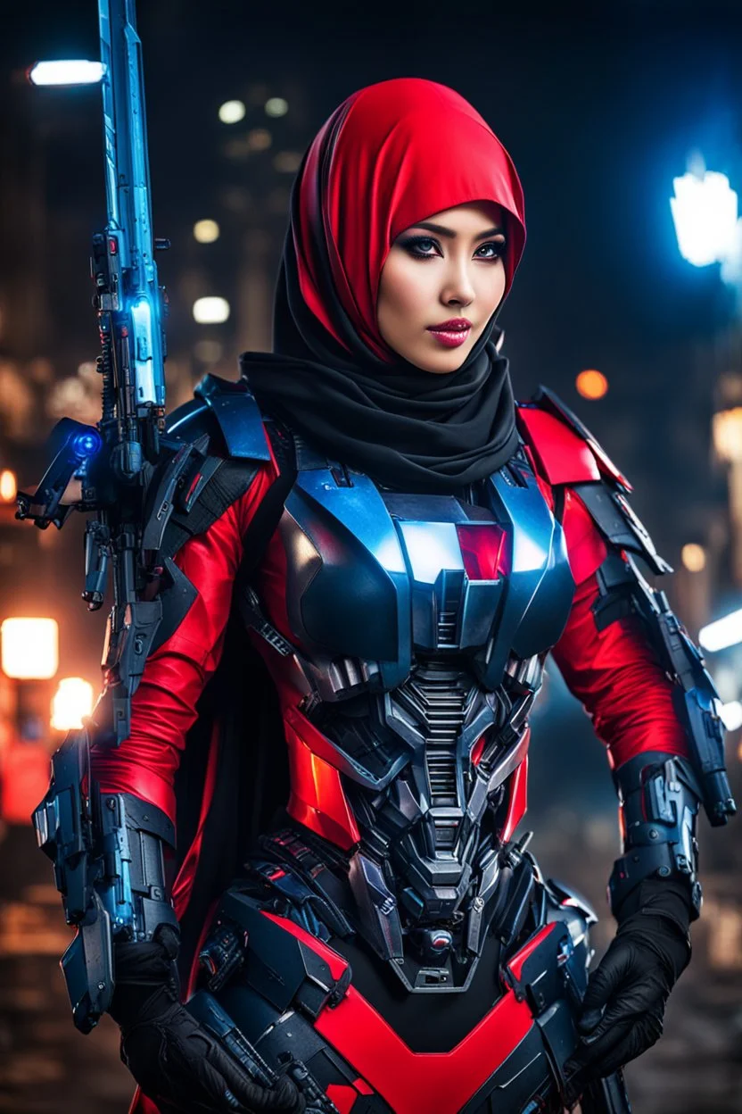 super pretty woman hijaber indonesia, good body, big bub, black longer hair, bad mode, high performance robot costume, hood, blue and red paint, to many weapons, led lights, good A.I. Interpretation, transformers inspiration, high definition photo, intrincate details, HD, darknight background.