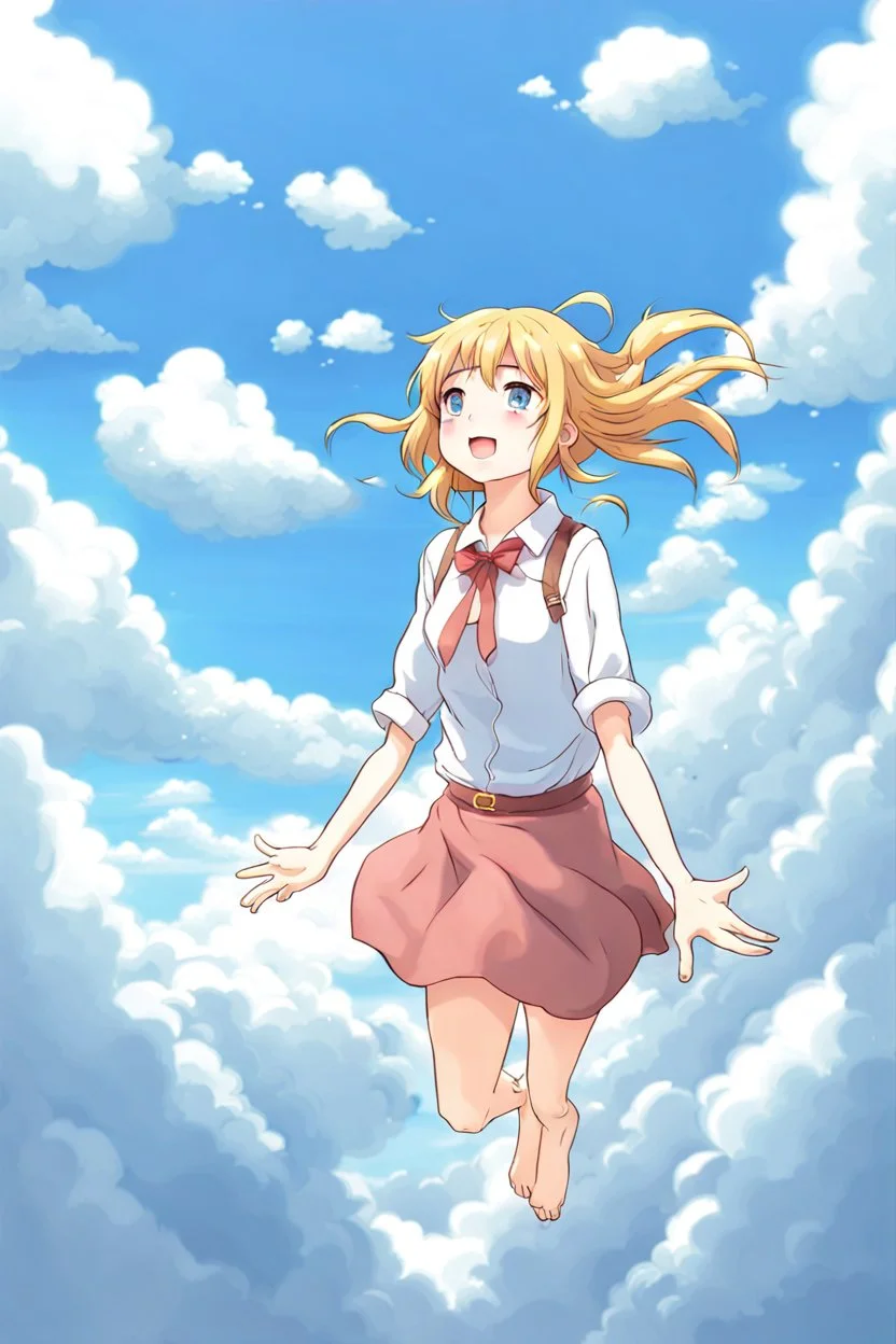 Girl falls from the sky among the clouds. Anime style