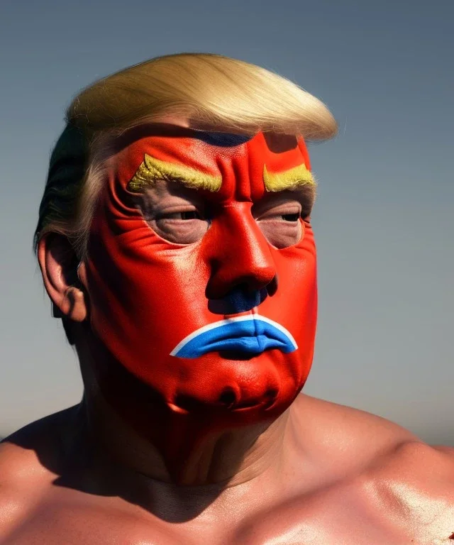 Realistic image of Donald trump wrestler, Mexican wrestling style, Mexican wrestling mask, eye line, red and blue breeches, glow us flag dress, suspenders, retro style, 80s, vibrant color, highly detailed, clean background, concept art, unreal engine 5, god rays, ray tracing, RTX, lumen lighting, ultra detail, volumetric lighting, 3d, finely drawn, high definition, high resolution.