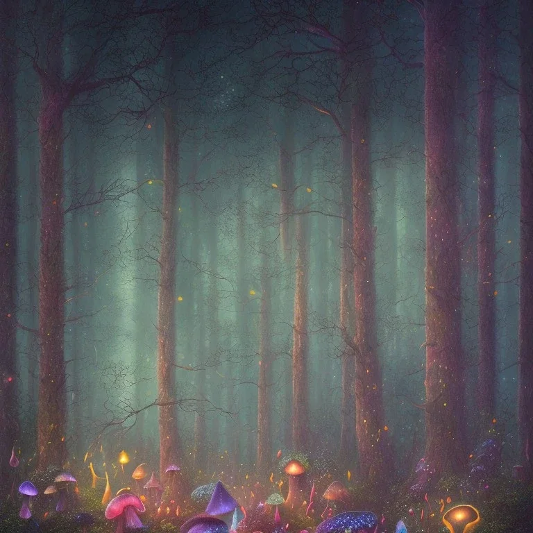 gouache painting, a nightly dark foggy forest with dozens of randomly placed and coloured ( iridescent bioluminiscent translucent ) mushrooms, fireflies, realistic, sharp focus, 8k, hd, dof, insanely detailed, intricate, elegant, volumetric lighting, volumetric clouds, backlight, soft glowing colors, curvature shader