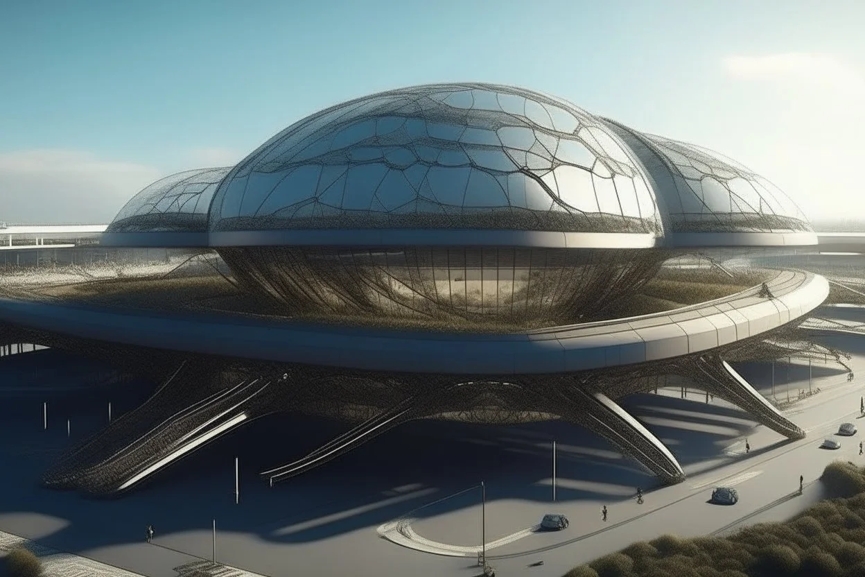 Exterior view of an ant-shaped airport, spectacular, shocking, ultra quality, maximalist, 8k 3D