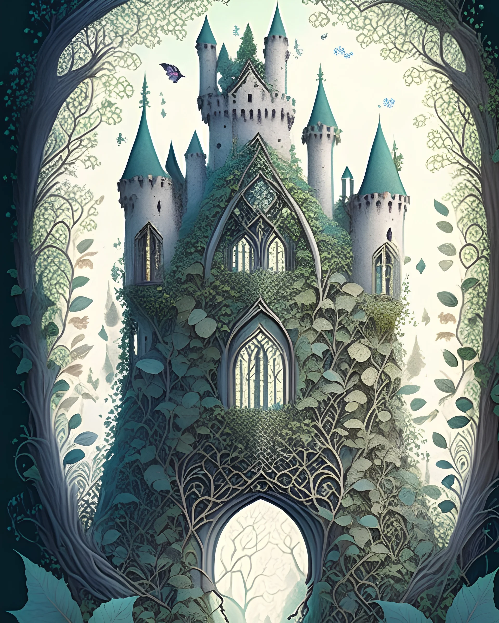 A whimsical, fairy tale-inspired illustration of a magical castle nestled within an enchanted forest, featuring delicate, intricate details such as ivy-covered towers, hidden doorways, and a mystical aura surrounding the entire structure.