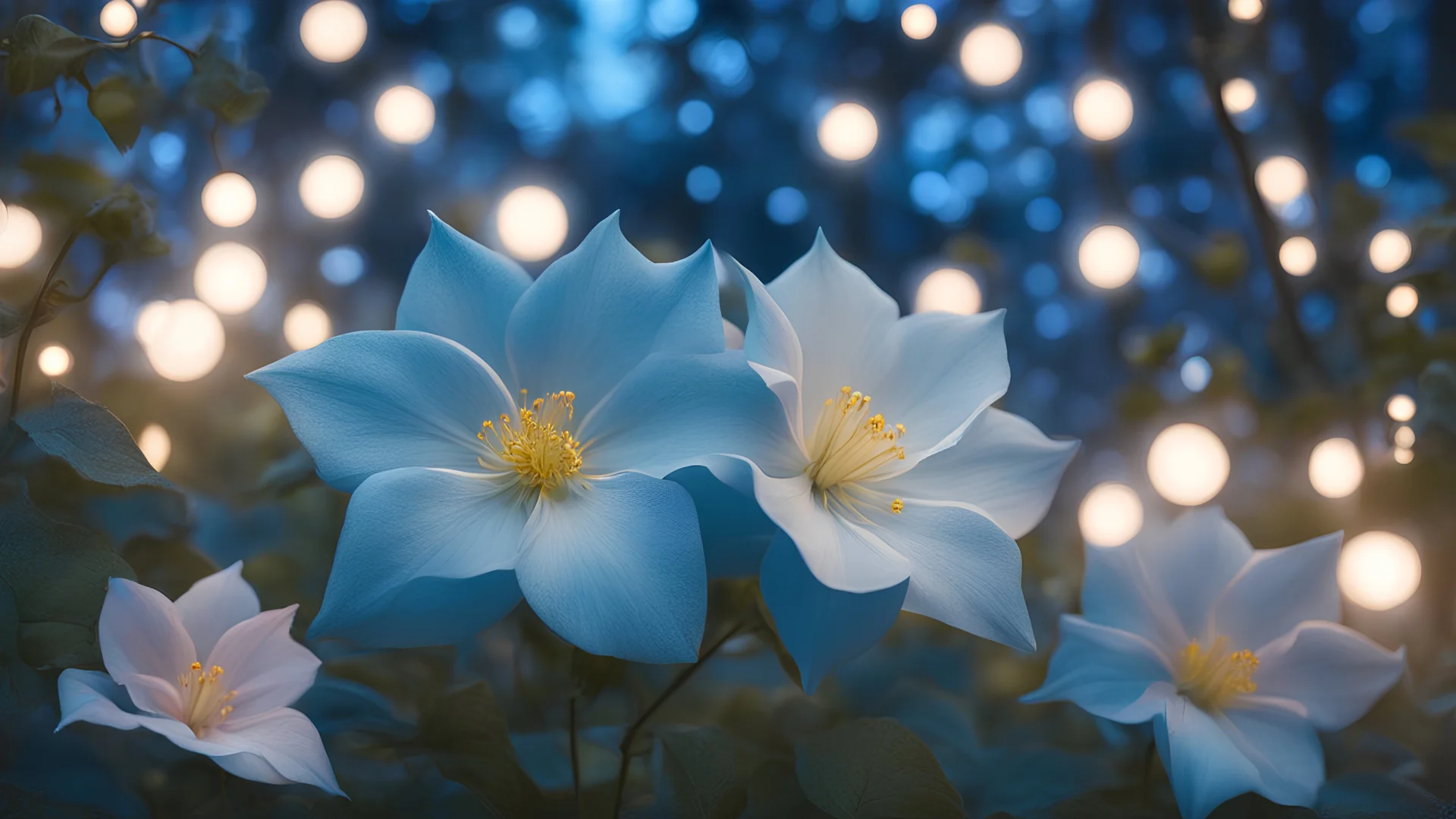 closeup Blue moonflowers growing in pastel colored rose forest, trees, flowers, fairy lights, night, 8k, high quality, trending art, trending on artstation, sharp focus, studio photo, intricate details, highly detailed, by greg rutkowski