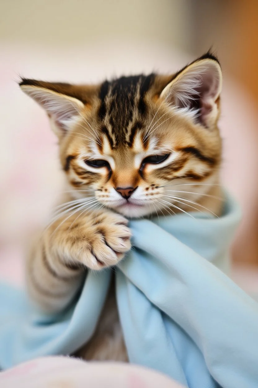 Sad little cat hugging a piece of cloth