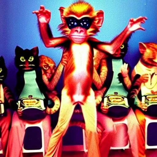 1980s photo of new year's party alien monkey with dancing cats happy