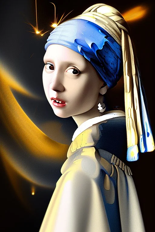 Modern Girl with a pearl earring (style by Johannes Vermeer ) chillout mood wearing T-shirt and blue shorts, sharp focus, emitting diodes, smoke, artillery, sparks, racks, system unit, motherboard