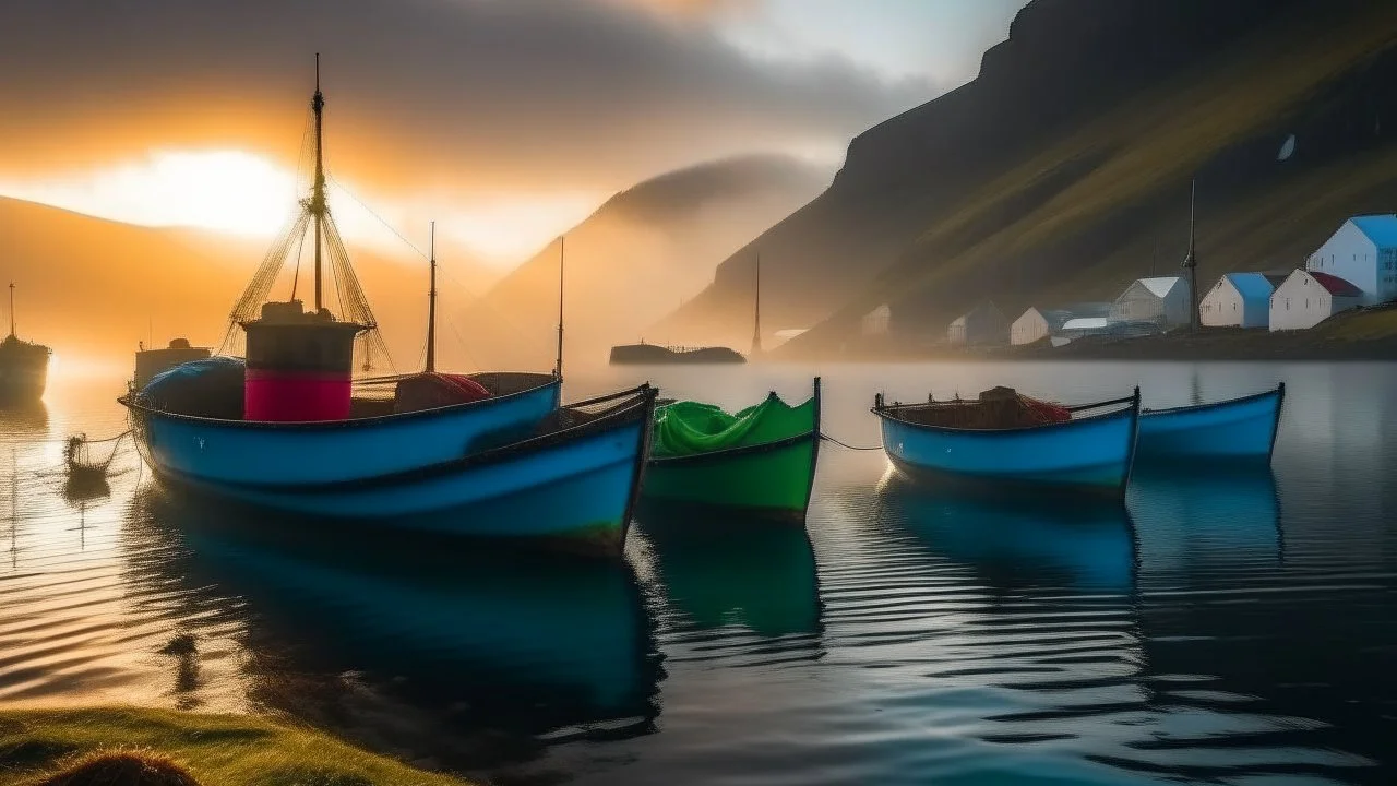 Colourful fishermen’s boats anchored in a harbour in the Faroe Islands near a fishing village, fishermen putting fishing nets on their boats, peaceful, mist in the distance over the calm sea, early morning, sunrise, beautiful romantic photograph, excellent composition, atmospheric, realistic