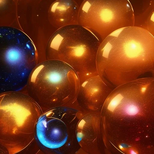 hundreds of various clear glass marbles shiny golden galactic ambience galaxies shiny high detail high def 8k high reflections octane render