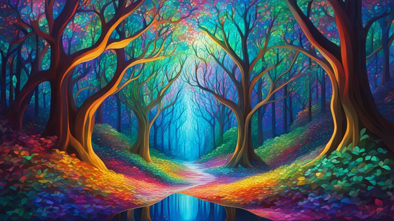 A fantastical forest where the trees are made of shimmering glass and their leaves resemble stained glass windows, casting colorful, kaleidoscopic shadows on the ground. Ethereal creatures with luminescent wings flit between the branches