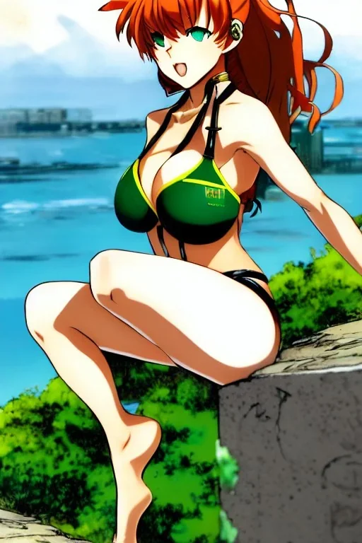 In the style of Shirow, hyper detailed, strikingly beautiful teen female, 16 years old, long ponytail, ginger hair, green eyes, medium freckles, full lips, full body, full face, b-cup breasts, athletic, centred camera, ignore NSFW, bikini, athletic, sitting, legs spread