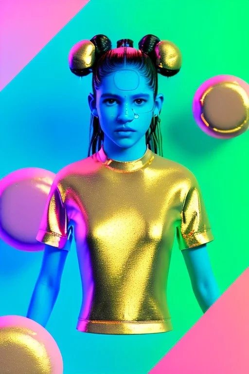 Rosalía artist, Ultra Realistic image, waist up portrait, perfect gold teeth, black eye line, sweet face, pigtails hair, spray line make up, geometric, gold, big rings piercing, led ornament, bubble latex coat, inflatable, cold, led lights, geometric, neon, pink, blue, gold, vibrant color, highly detailed, art stations, concept art, smooth, unreal engine 5, god rays, ray tracing, RTX, lumen lighting, ultra detail, volumetric lighting, 3d, finely drawn, high definition, high resolution.