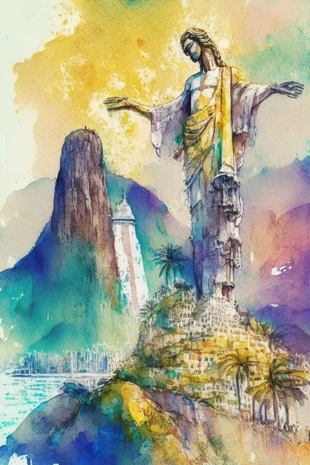 Rio de Janeiro with the Christ Statue watercolor and ink, intricate details, fantasy, beautiful, award winning, colorful, fantastic view, crisp quality, in sunshine