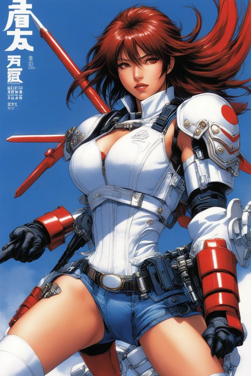 This magazine cover with Japanese title by Masamune Shirow depicts a futuristic female warrior dressed in lightweight combat gear that blends technological aesthetics with fashion elements. The character wears a white jacket adorned with red armor plates, emphasizing protection and agility. A cropped blue tactical vest and denim shorts convey dynamism and strength. The gear includes knee pads, a tactical belt, and multifunctional gloves, highlighting combat readiness. The headgear features goggl