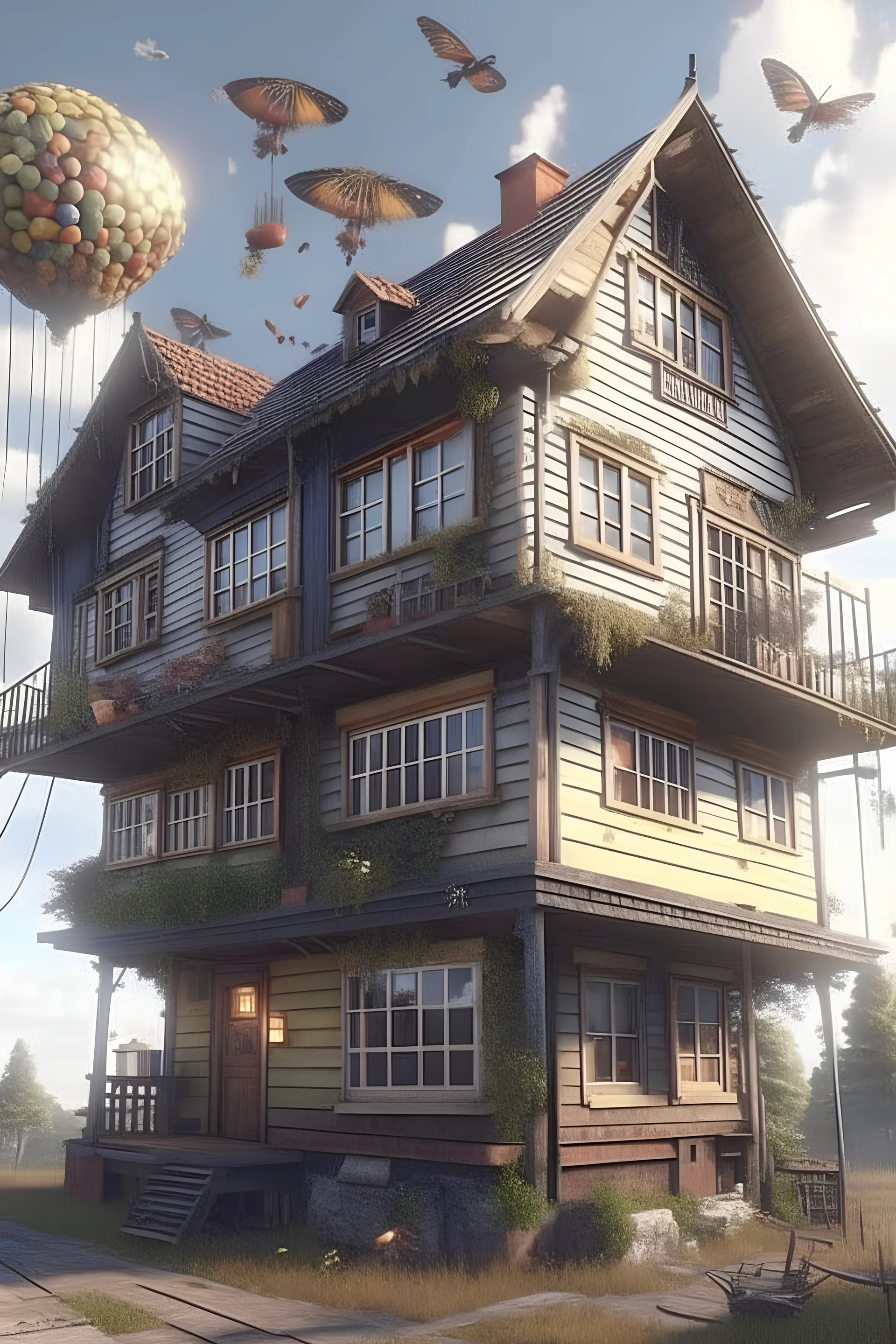 photorealistic flying house, many details, Ultra detailed, octane wide depht dramatic hd highlights detailled