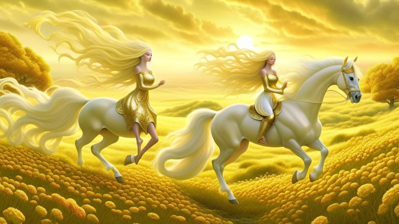 Fantasy digital art: fairies with golden hair, and white dresses descend from fluffy clouds towards a meadow with brown horses