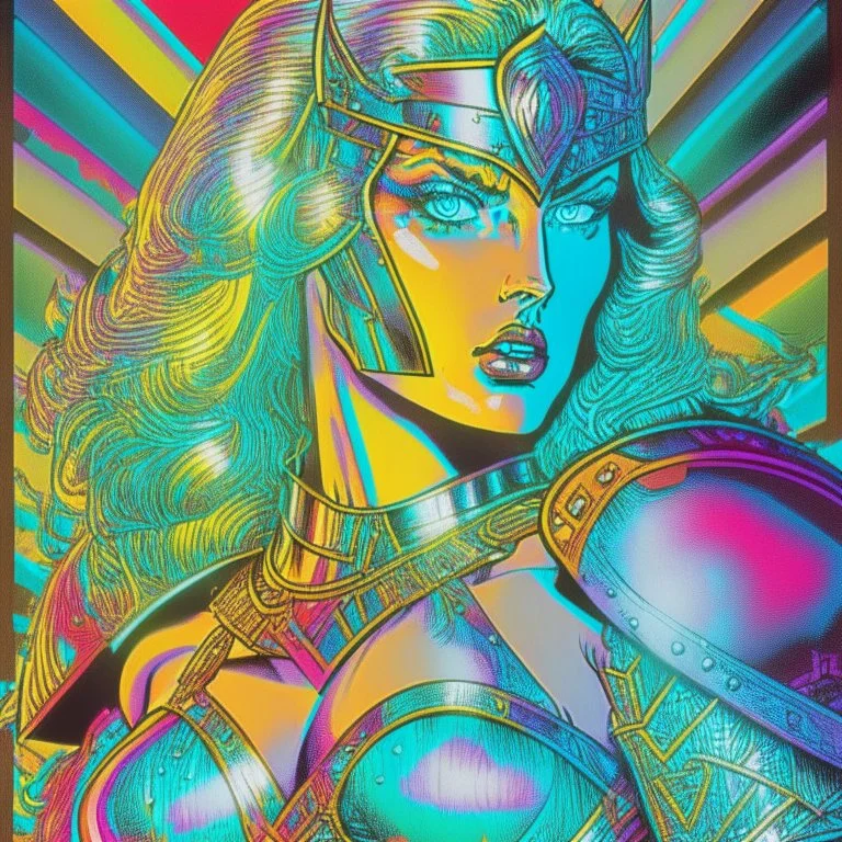 Mujer guerrera en armadura holográfica de vidrio psicodelia por MTV. Dibujo estilo comic pulp de 1980, barbaros. Carta coleccionable.