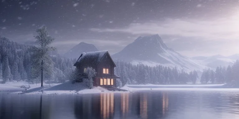 small house, windows, heavy snow, mountain, big blue lake water, night, snowing