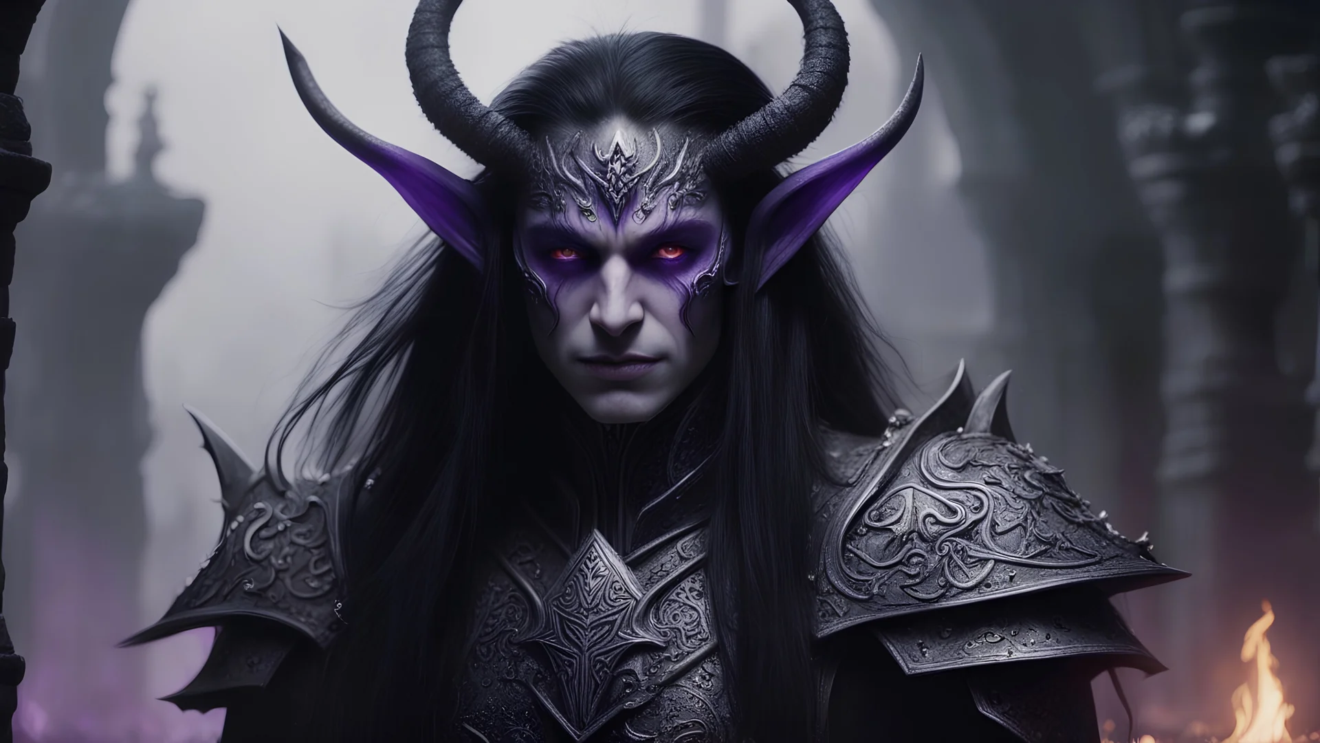 Portrait of a dark elf, body, purple eyes, long black hair, wizard looking into the camera, young, intricate skin, detailed pagan symbols, intricate magical symbols, armor, dungeon, volumetric fog, fire, smiling, creepy, terrifying, mysterious, black- white video, extremely detailed, 4k, 35mm lens, sharp focus, intricate detail, long shutter speed, f/8, ISO 100, 1/125 shutter speed, diffuse backlighting, facing camera, looking into camera