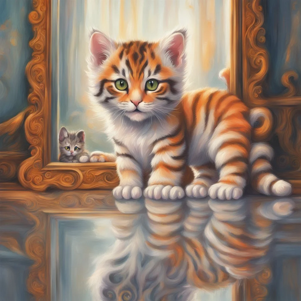 In a world full of fantasy, a little kitten stands in front of a mirror. In place of his own reflection, a majestic tiger appears. The little cat's eyes are wide in awe as she beholds the majesty of the tiger. The cat's left paw and the tiger's right paw appear to touch each other. Details like lush fur, bright orange stripes, and the tiger's intimidating gaze in the mirror create a sharp contrast to the kitten's delicate and innocent appearance Leica Q2 with Summilux 3 Photo