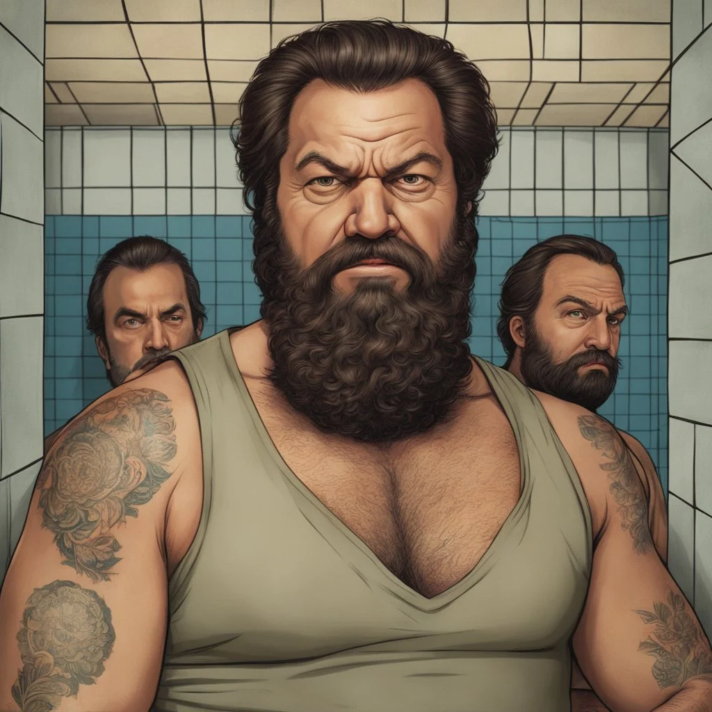 two ugly angry muscular chubby arab 40 years old similar to bud spencer, very detailed, full figure shot, very realistic photography, dim light, view from below, tiled restroom, tattoo, masculine bearded, mature barely burly bearded muscled and robust