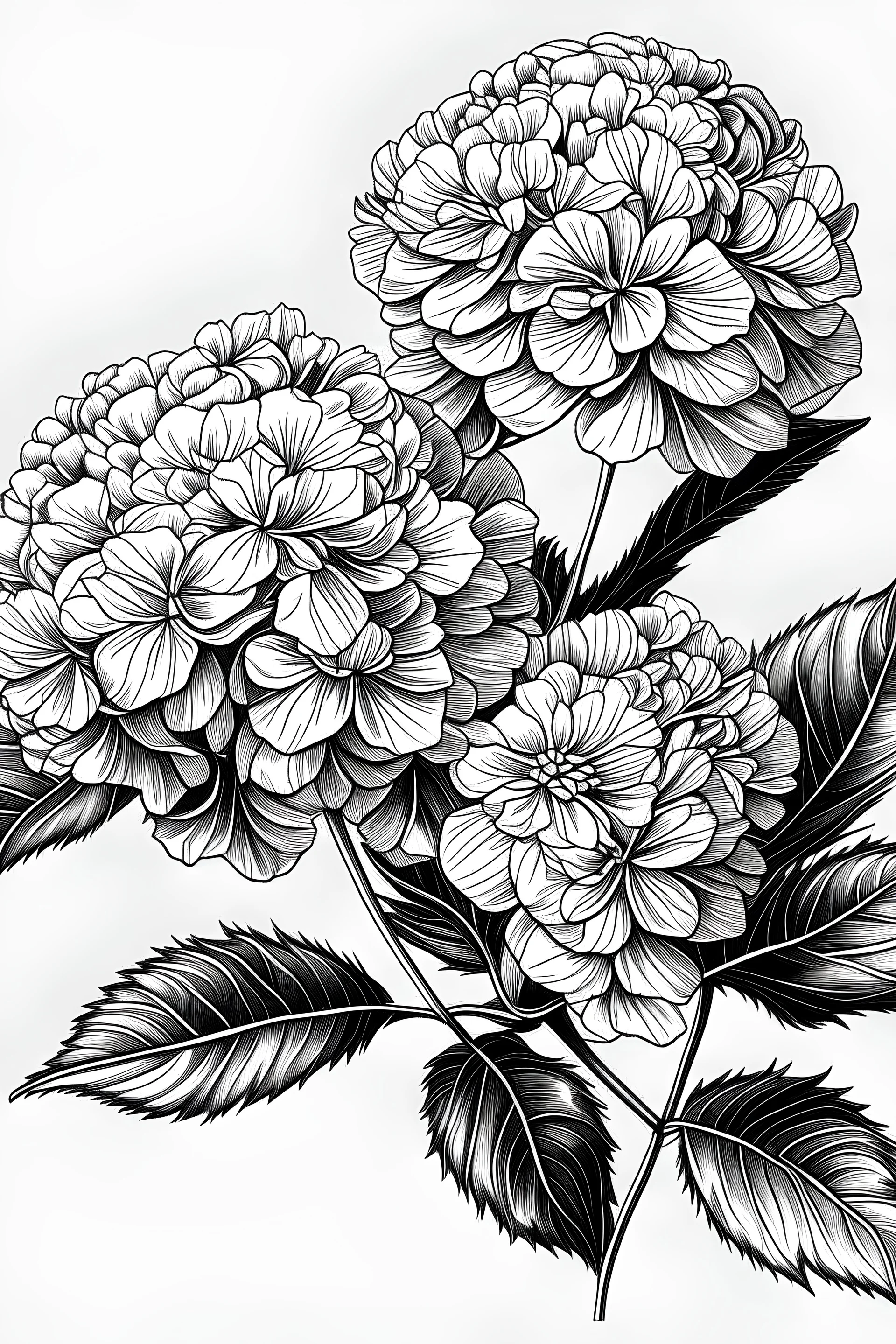 realistic hydrangeas line drawing black and white