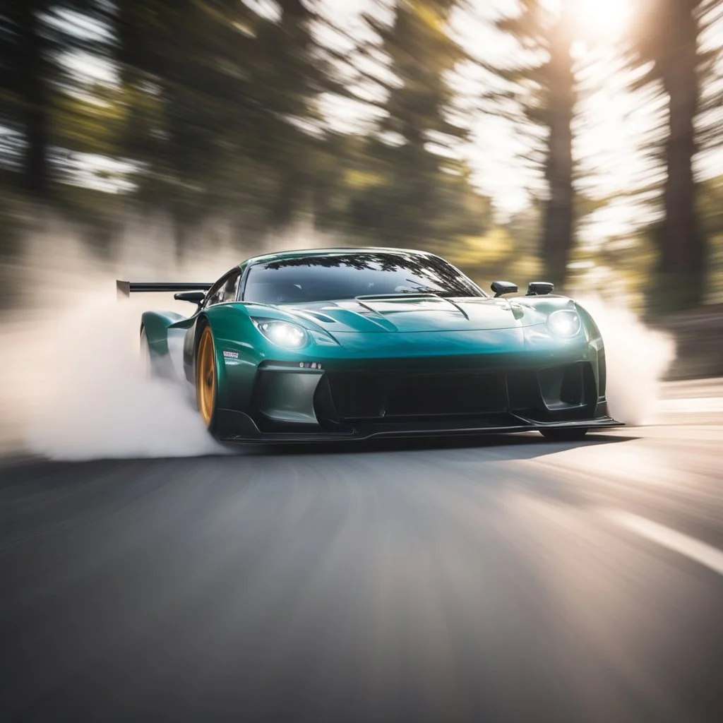 Facing front Sports car drifting around a corner, motion blur, narrow depth of field, lens flare, dynamic angle, asphalt spray, high octane energy