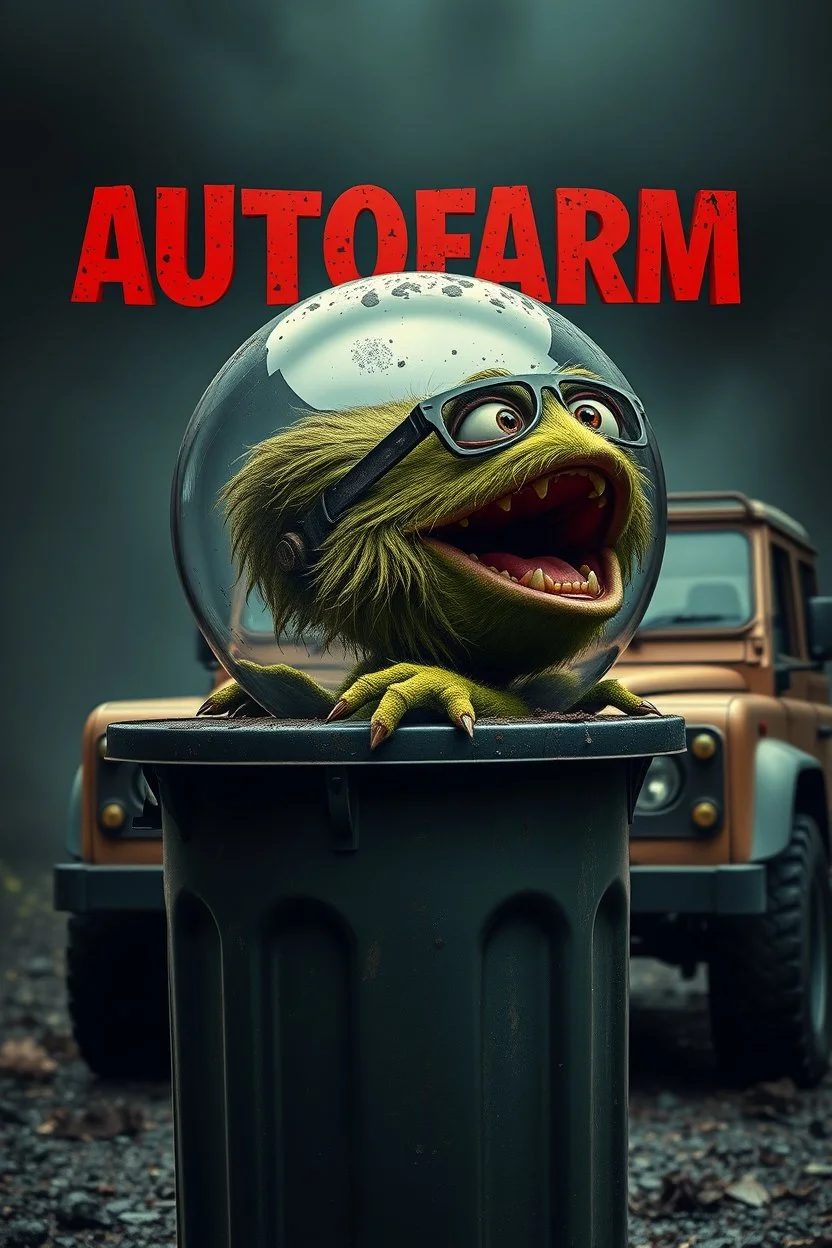 DIRTY CUTE HOT EUROPEAN Oscar the AUTOFARM Grouch SESEME ST CHARACTER IN LARGE BALL INSIDE LADY,GARBAGE TRASH BIN, side profile, "GARBAGE TRASH BIN IN FRONT" man in super blackscary (((((autofarm)))))) TITLE in movie poster movie style horror look. as five headed mouth open, rough teeth, turn head around, landrover crash in background, Mood/Atmosphere(DARK HORROR)(&*&*^%$^#%$#%$^%$#^#$#^%#$^$#