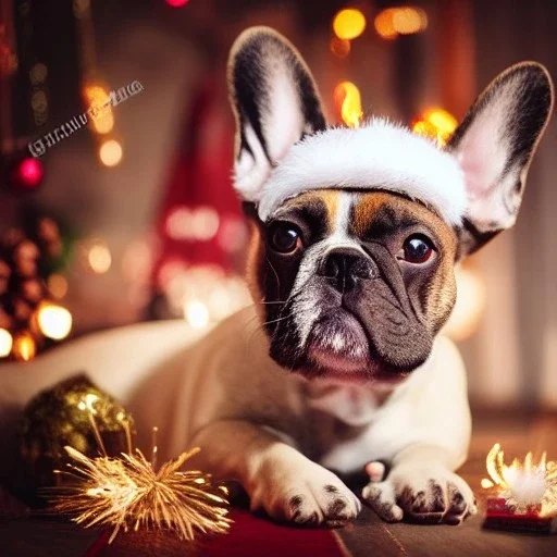 Portrait of a cute french bulldog with light brown fur celebrating new year and christmas in a palace