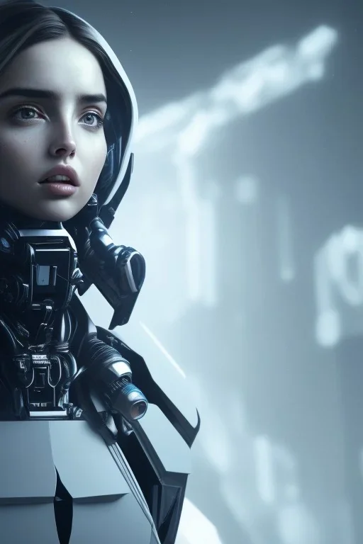 Ana de Armas, identical features, Black intergalactic pilot suit, portrait, bright white eyes, wearing high tech pilot breathing mask, beautiful face, white smoke, dark, rage, sorrow, high definition, ultra 8 k, volumetric lighting, blue fire, fog