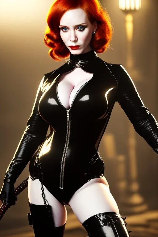 Christina Hendricks dressed in black leather catsuit, with a whip in her hand, inside a dungeon, busty, cleavage, angry, stern look, volumetric lighting, particales,highly detailed,cinematic, deep colours,8