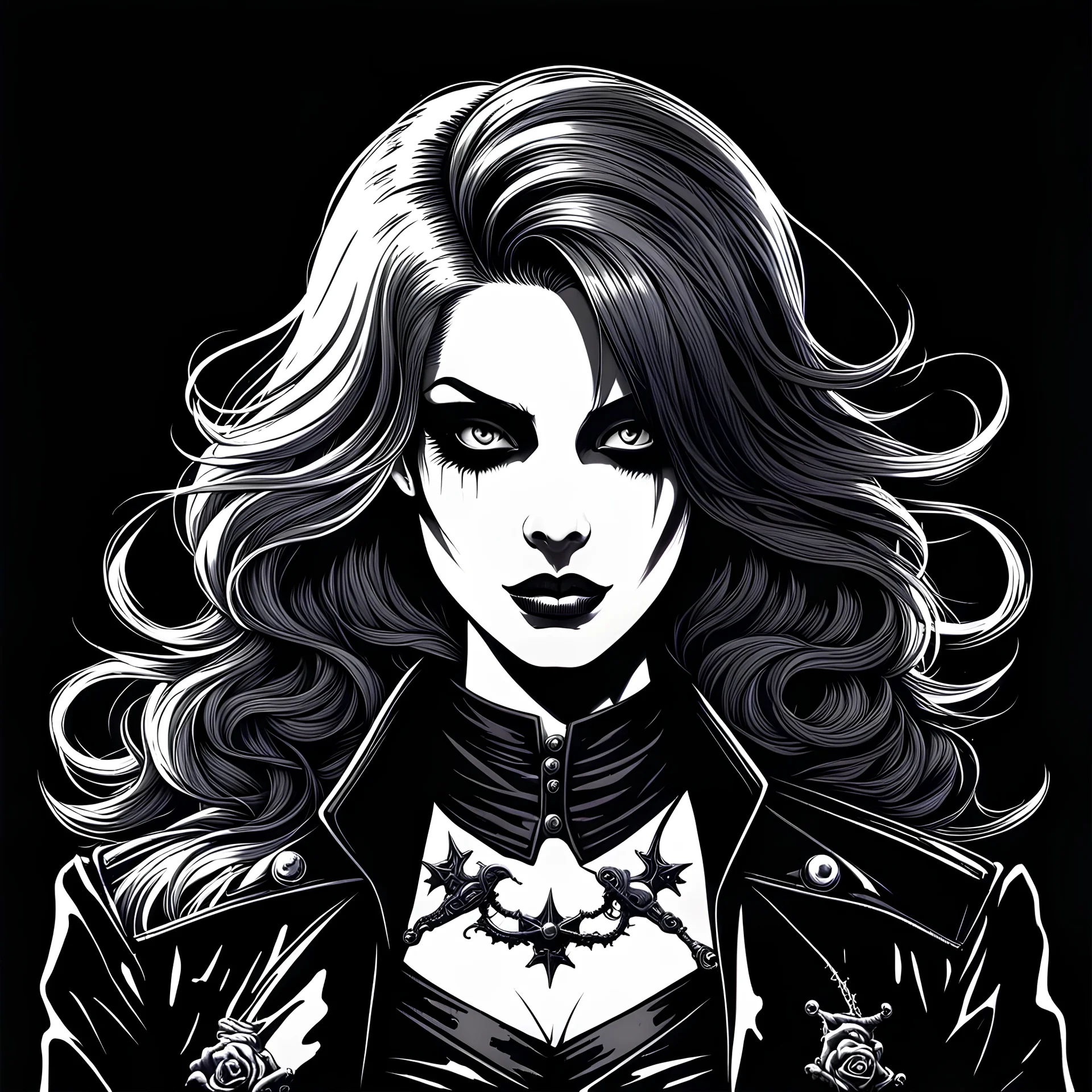 profile picture,2dcg,retro art style,black and white color,princess hair cut ghoul biker lady,pure black color background,gore,violence,Decapitation,dismemberment,disturbing,Monster,guts,morbid,mutilation,sacrifice,butchery,meathooks,no hands,do not draw hands