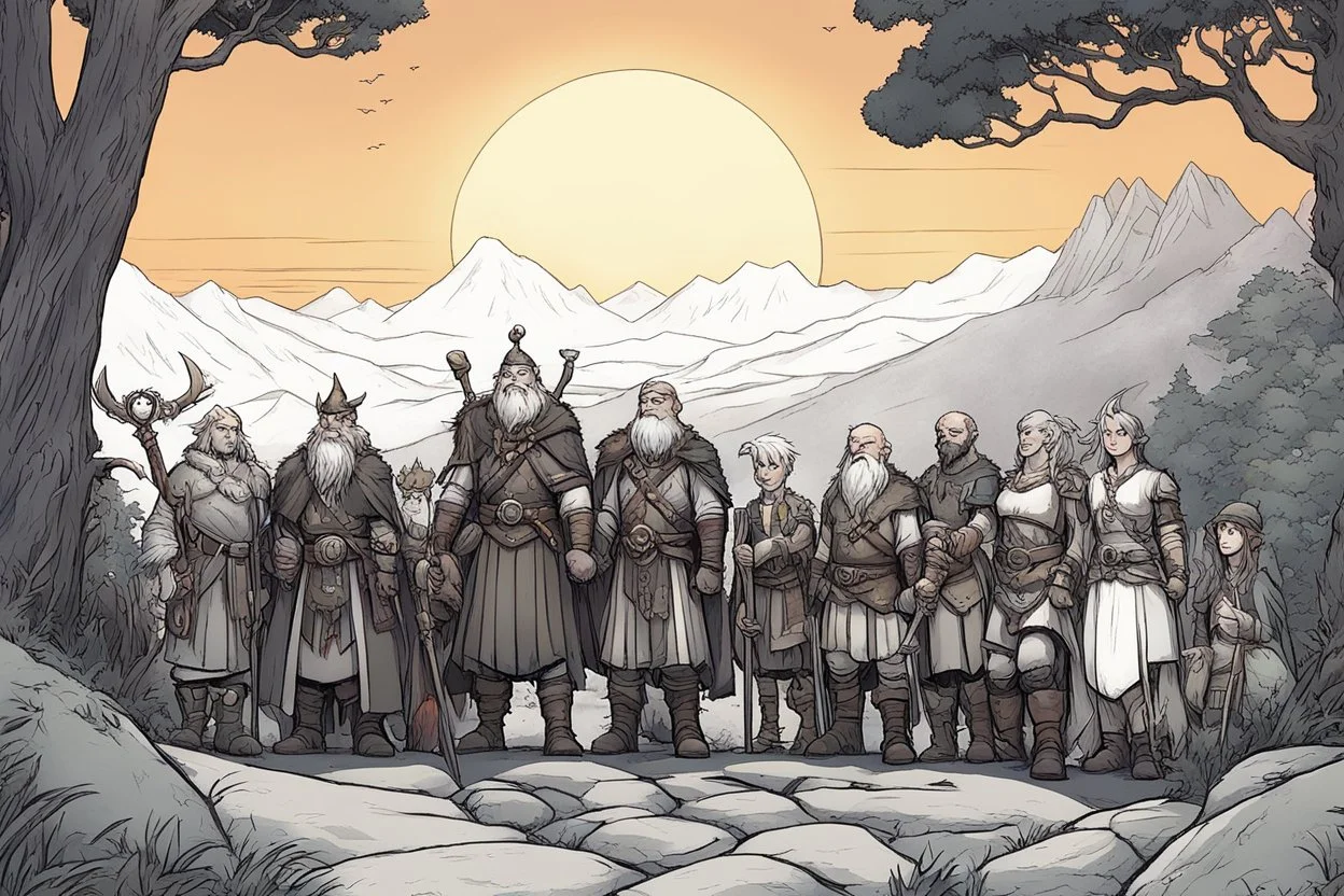 [comics Andrew MacLean style] At the crest of the hill, under the watchful gaze of the setting sun, a motley crew of courageous souls stands assembled. The short bald dwarf healer, his weathered features etched with ancient knowledge, surveys the group with a keen eye. Beside him, the female Elf radiates an aura of forest magic, her eyes alight with the wisdom of the natural world. Opposite the Elf, the female thief from the dark city moves with a grace born of shadows, her pres